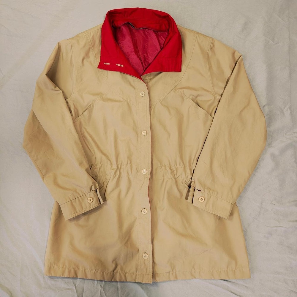 Vintage London Fog Tan Khaki Jacket Red Contrast Collar Size 16 Women